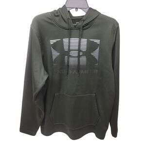 Under Armour Men's M Loose Fleece Hoodie Olive Green Striped Logo Y2K Athleisure
